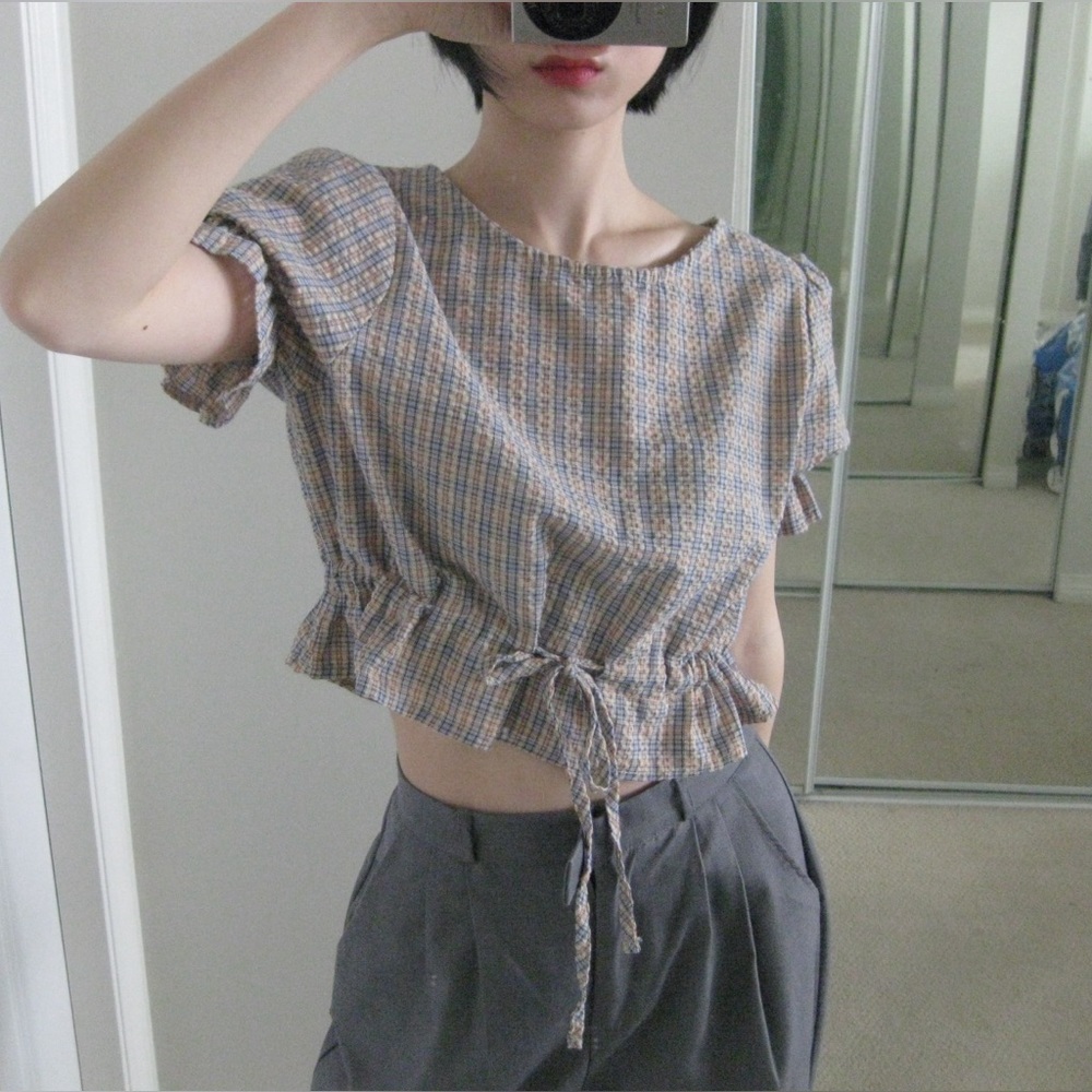 Korean Checkered Puffed Sleeve Blouse with Ribbons